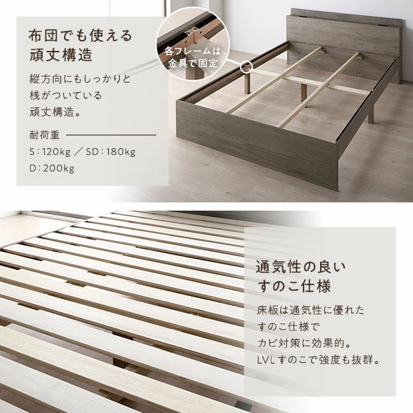 ベッド ワイドキング 200（S+S） 2層ポケットコイルマットレス付き ストーングレー 連結 高さ調整可 棚付 コンセント付 すのこ