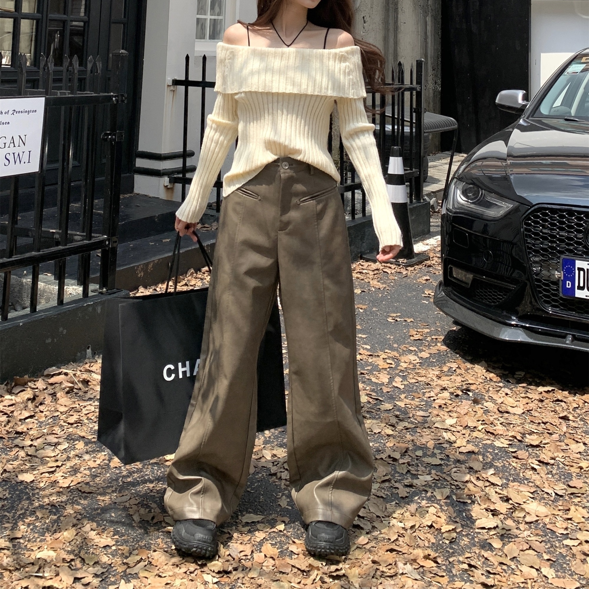 韓国 レザー スラックス ハイウエスト ワイドパンツ 秋冬 ストリート 無地 フェイクレザー ロング パーティースタイル ホームパーティーアイテム オフィススタイル ワイドパンツ エレガントスタイル
