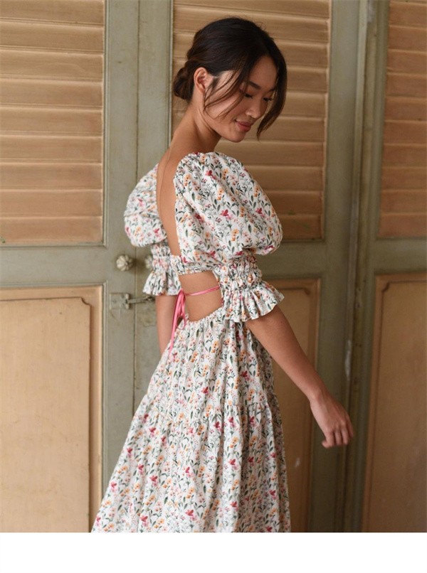リゾートワンピース レディース サマードレス バブルスリーブ ロング丈ワンピース ハワイ 沖縄 旅行用 大人 20代 30代 40代 可愛い お洒落 花柄 ふんわり dd076c6c6lc