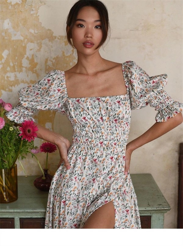 リゾートワンピース レディース サマードレス バブルスリーブ ロング丈ワンピース ハワイ 沖縄 旅行用 大人 20代 30代 40代 可愛い お洒落 花柄 ふんわり dd076c6c6lc