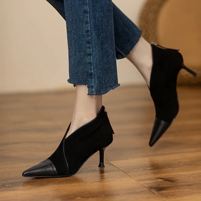 裏起毛ファッション フランス風ヒ一ルパンプスポインテッドトゥ切り替えショートブーツ ピンヒール裹起毛 母の日 裏起毛ファッション フランス風ヒ一ルパンプスポインテッドトゥ切り替えショートブーツ ピンヒール裹起毛 母の日