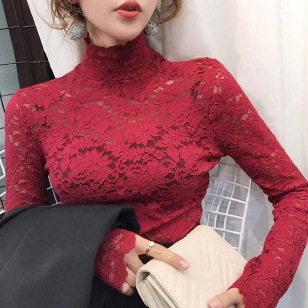 超超激レア新品タグつき❣️金糸入りレース ハイネック トップス　7 Lace layered high neck tops (green)