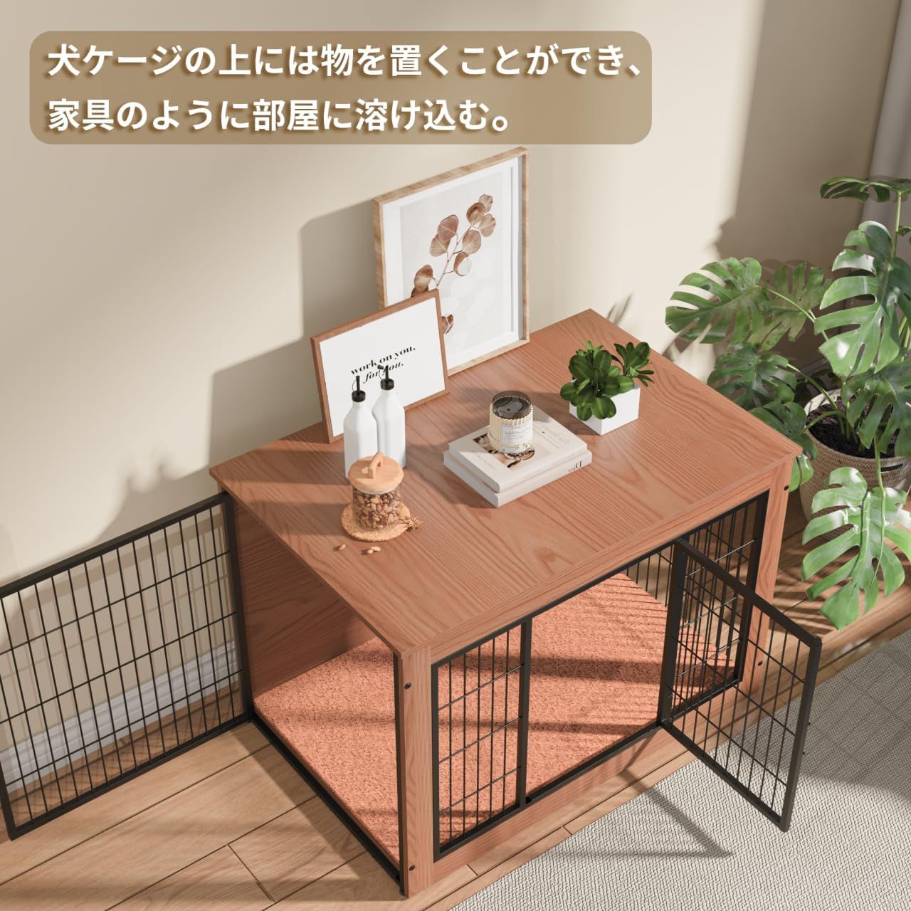 犬 ケージ ペットケージ 犬 サークル 小中大型犬用 幅98×奥行65×高さ68cm 屋根付き 室内 毛布付き 木製 耐荷重100kg 掃除しやすい 二つのドア 丈夫 頑丈 安定感高い オシャレ 犬