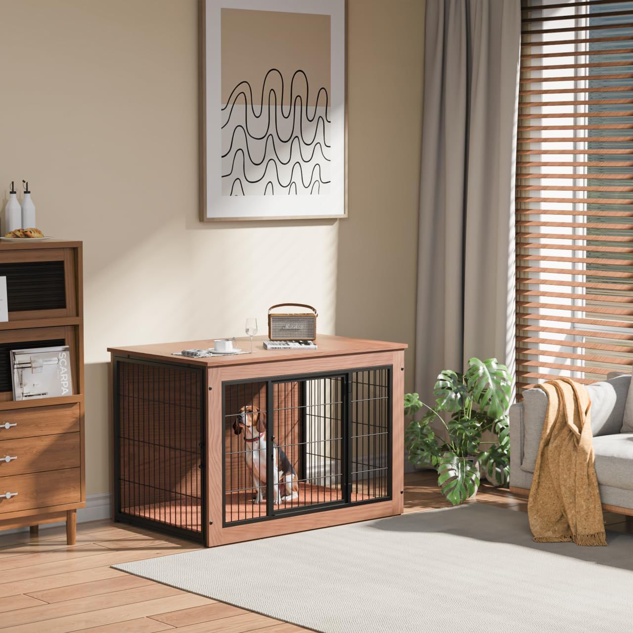 犬 ケージ ペットケージ 犬 サークル 小中大型犬用 幅98×奥行65×高さ68cm 屋根付き 室内 毛布付き 木製 耐荷重100kg 掃除しやすい 二つのドア 丈夫 頑丈 安定感高い オシャレ 犬