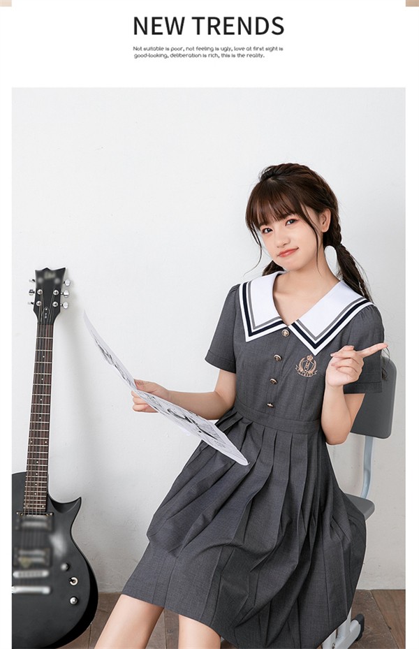 jk ワンピース グレー 夏 セーラー服 灰 半袖 膝丈 中学生 高校生 制服 学生制服 夏服 大きいサイズ 小学生 カジュアル 体型カバー 可愛い ワンピ 女子高生 学生服 通学 セーラー 海軍風