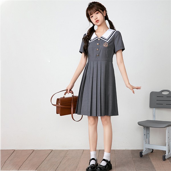 jk ワンピース グレー 夏 セーラー服 灰 半袖 膝丈 中学生 高校生 制服 学生制服 夏服 大きいサイズ 小学生 カジュアル 体型カバー 可愛い ワンピ 女子高生 学生服 通学 セーラー 海軍風