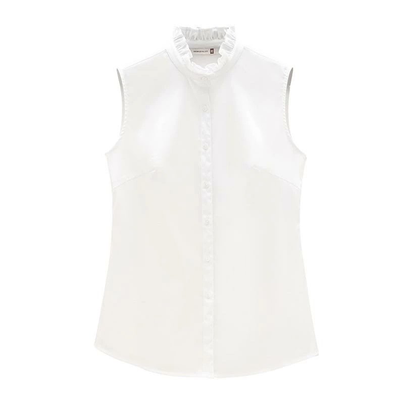 スタンドカラー シャツ レディース ノースリーブ おしゃれ 春秋 トップス 中国風 女性用 前開き ボタン 襟 ビジネス オフィス フリル 上品 綿 普段使い お出かけ 白 青