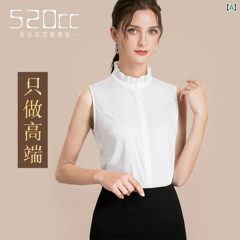 スタンドカラー シャツ レディース ノースリーブ おしゃれ 春秋 トップス 中国風 女性用 前開き ボタン 襟 ビジネス オフィス フリル 上品 綿 普段使い お出かけ 白 青