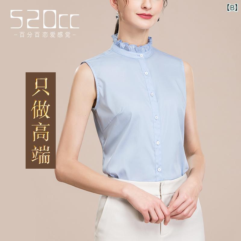 スタンドカラー シャツ レディース ノースリーブ おしゃれ 春秋 トップス 中国風 女性用 前開き ボタン 襟 ビジネス オフィス フリル 上品 綿 普段使い お出かけ 白 青