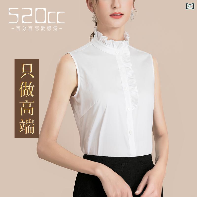 スタンドカラー シャツ レディース ノースリーブ おしゃれ 春秋 トップス 中国風 女性用 前開き ボタン 襟 ビジネス オフィス フリル 上品 綿 普段使い お出かけ 白 青