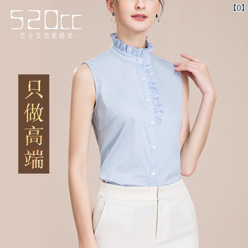 スタンドカラー シャツ レディース ノースリーブ おしゃれ 春秋 トップス 中国風 女性用 前開き ボタン 襟 ビジネス オフィス フリル 上品 綿 普段使い お出かけ 白 青