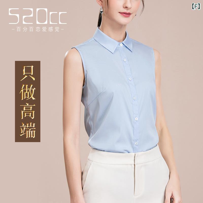 スタンドカラー シャツ レディース ノースリーブ おしゃれ 春秋 トップス 中国風 女性用 前開き ボタン 襟 ビジネス オフィス フリル 上品 綿 普段使い お出かけ 白 青