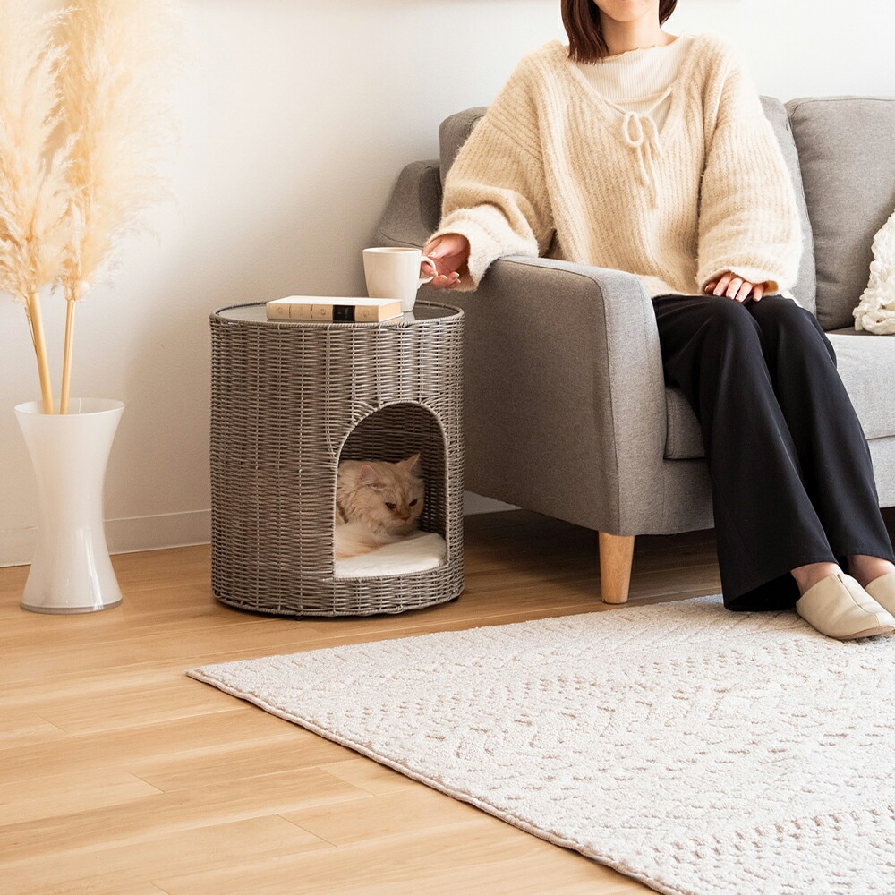 猫ちぐらサイドテーブル　ラタン　キャットハウス　ペット用品　ねこ　サイドテーブル　ガラステーブル　ペットハウス