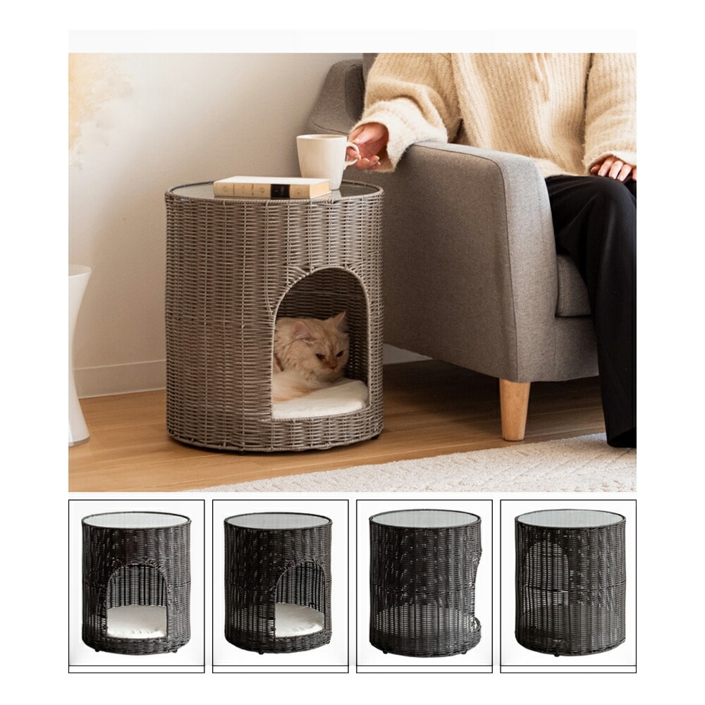 猫ちぐらサイドテーブル　ラタン　キャットハウス　ペット用品　ねこ　サイドテーブル　ガラステーブル　ペットハウス