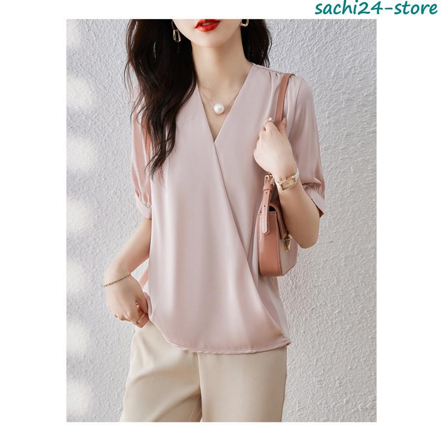 ブラウス 半袖 レディース シャツ トップス 切替 おしゃれ カットソー 重ね着 流行り 夏 Tシャツ 柔らかい チュニック