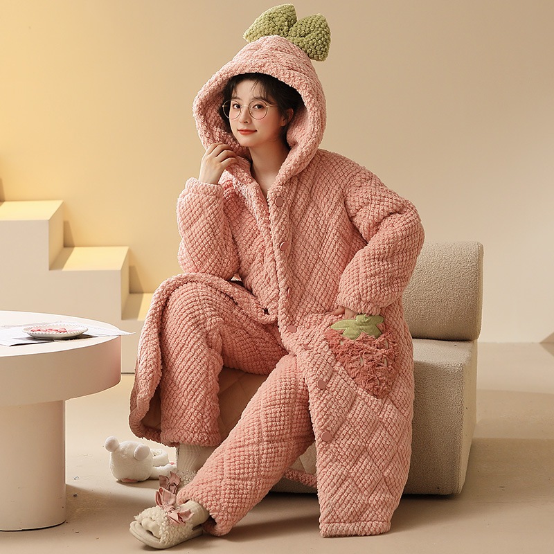 三層綿入り寝衣女冬サンゴパイル厚手ベルベットフランネル長型パジャマ女秋冬ホームウェア