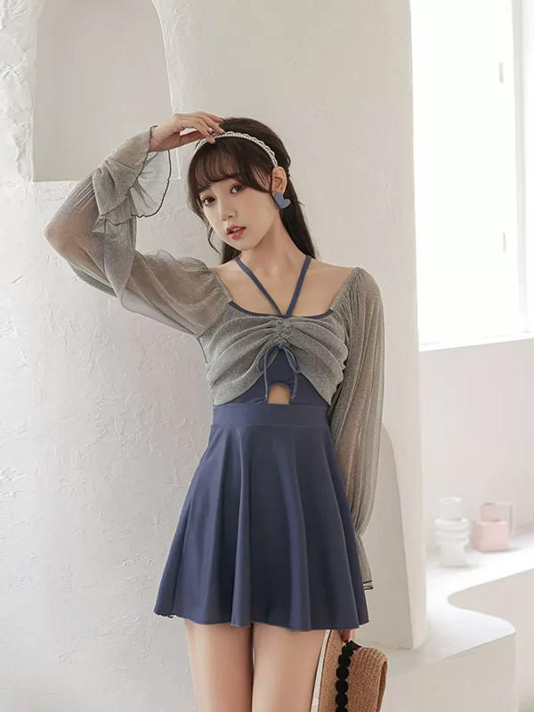 ワンピース水着 水着 2点セット 長袖 フリル 透け感あり リボン ワイヤーなし パッド付 レディース 着瘦せ シンプル セクシー 写真映え 撮影用 海 夏 サマー プール リゾート かわいい 旅行