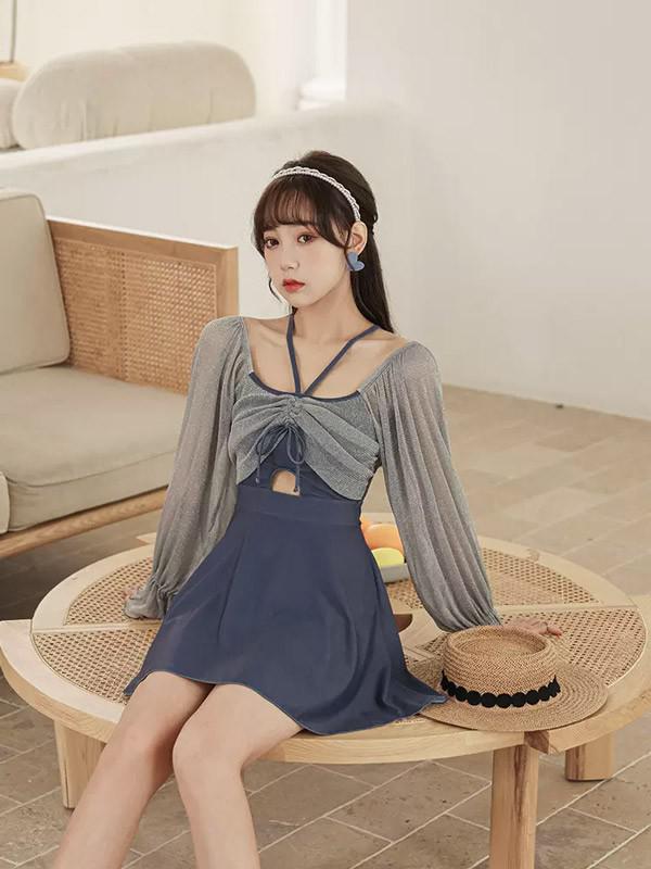 ワンピース水着 水着 2点セット 長袖 フリル 透け感あり リボン ワイヤーなし パッド付 レディース 着瘦せ シンプル セクシー 写真映え 撮影用 海 夏 サマー プール リゾート かわいい 旅行