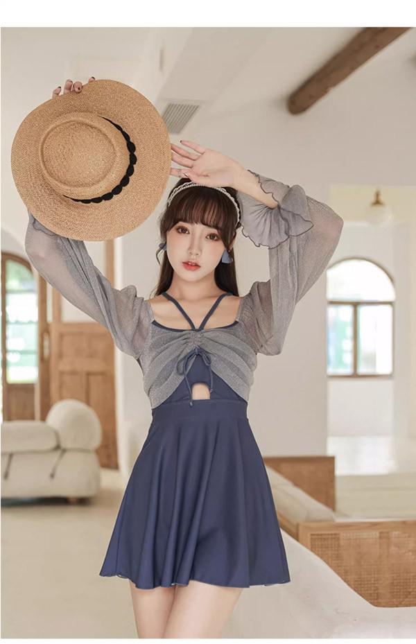 ワンピース水着 水着 2点セット 長袖 フリル 透け感あり リボン ワイヤーなし パッド付 レディース 着瘦せ シンプル セクシー 写真映え 撮影用 海 夏 サマー プール リゾート かわいい 旅行