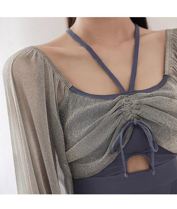 ワンピース水着 水着 2点セット 長袖 フリル 透け感あり リボン ワイヤーなし パッド付 レディース 着瘦せ シンプル セクシー 写真映え 撮影用 海 夏 サマー プール リゾート かわいい 旅行