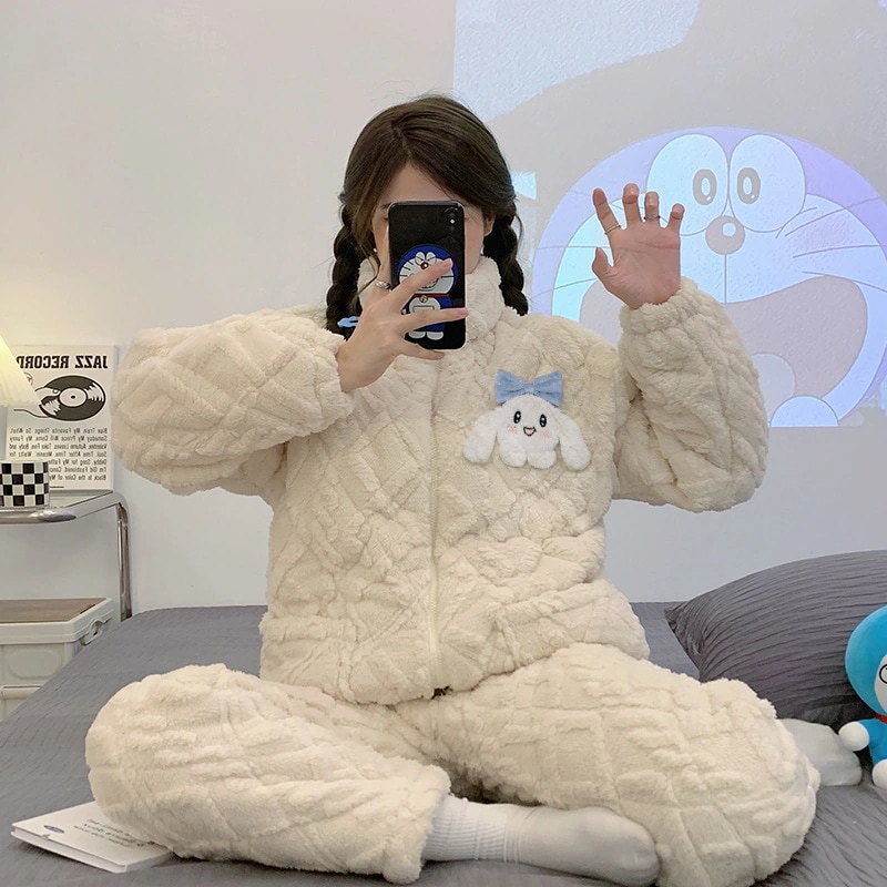 冬可愛いシナモンドッグフランネル三層キルトパジャマレディーススタンドカラー厚手あったか長袖2点セット