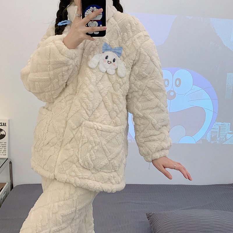 冬可愛いシナモンドッグフランネル三層キルトパジャマレディーススタンドカラー厚手あったか長袖2点セット