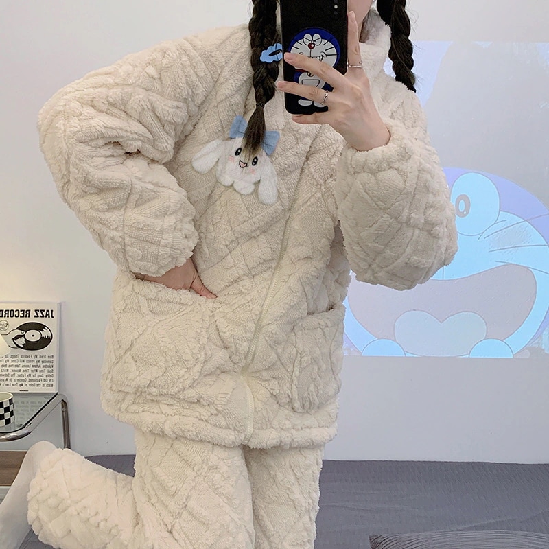 冬可愛いシナモンドッグフランネル三層キルトパジャマレディーススタンドカラー厚手あったか長袖2点セット