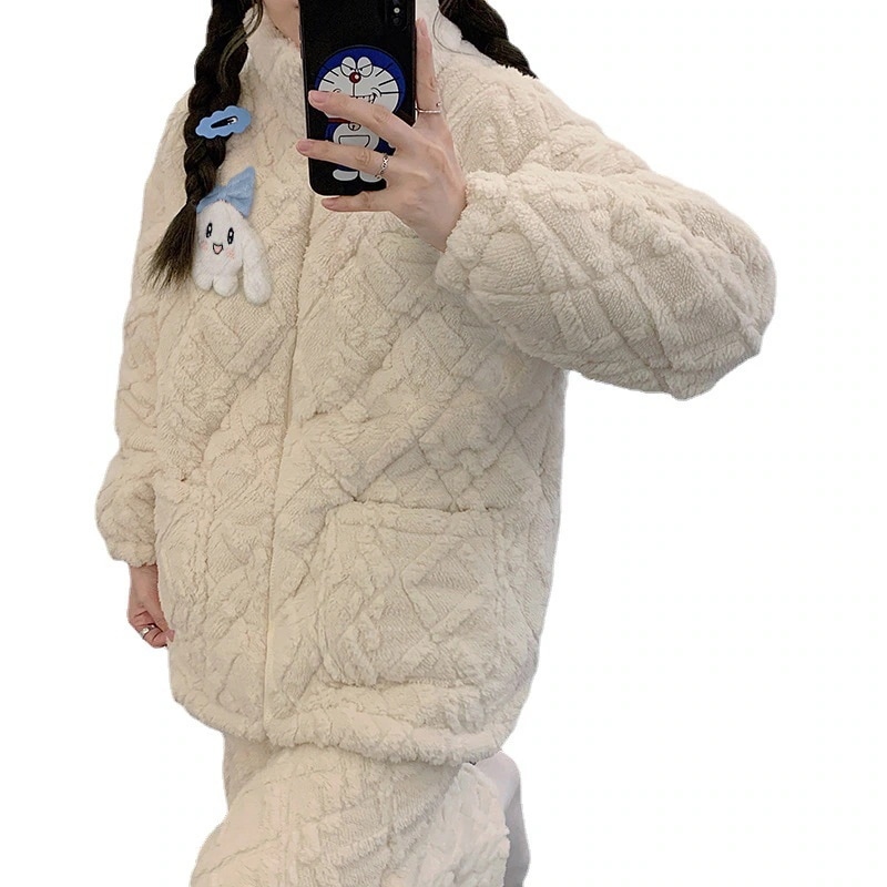 冬可愛いシナモンドッグフランネル三層キルトパジャマレディーススタンドカラー厚手あったか長袖2点セット