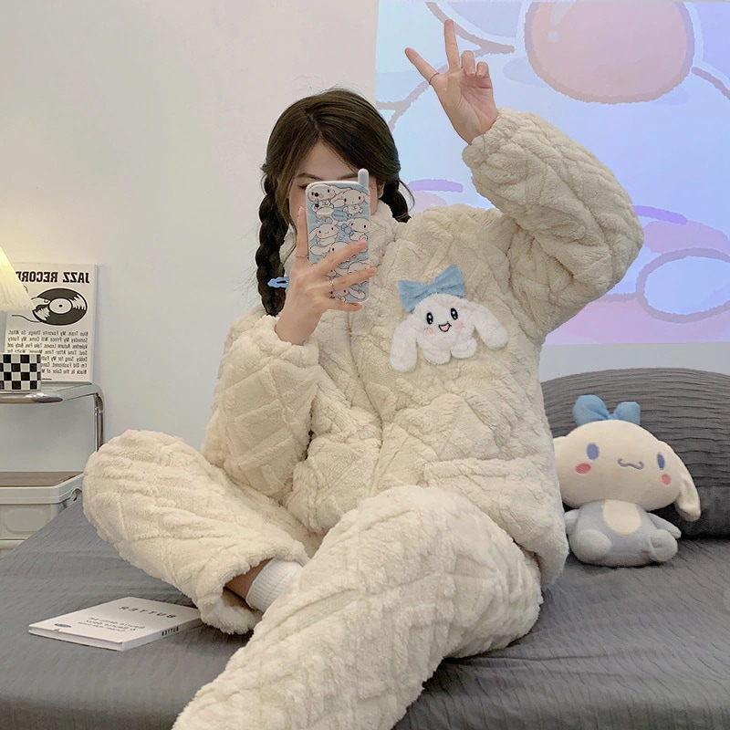 冬可愛いシナモンドッグフランネル三層キルトパジャマレディーススタンドカラー厚手あったか長袖2点セット