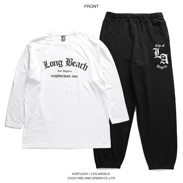 ACE FLAG 上下セット 長袖 ブランド スケボー メンズ 春秋冬用 白/黒 大きいサイズ エースフラッグ セットアップ ロンT 上下 Long Beach