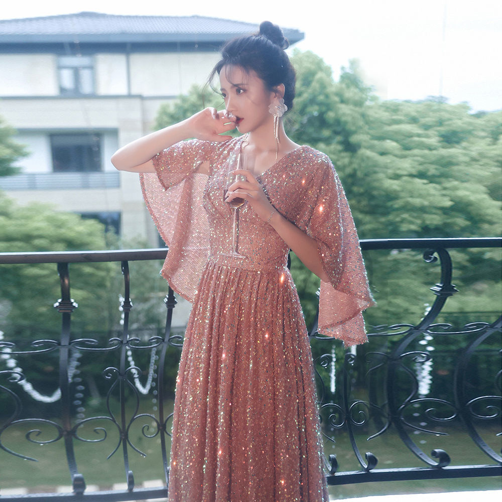 韓国 パーティードレス ホストイブニングドレス女二次会 演奏会 発表会 披露宴 結婚式 司会 ハイエンドエレガントバンケットスパンコールロングドレス