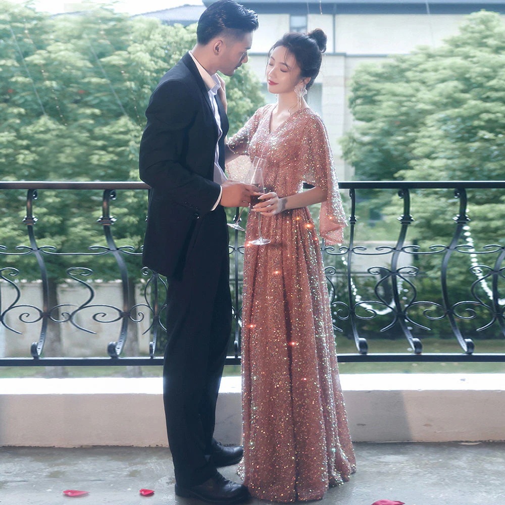韓国 パーティードレス ホストイブニングドレス女二次会 演奏会 発表会 披露宴 結婚式 司会 ハイエンドエレガントバンケットスパンコールロングドレス
