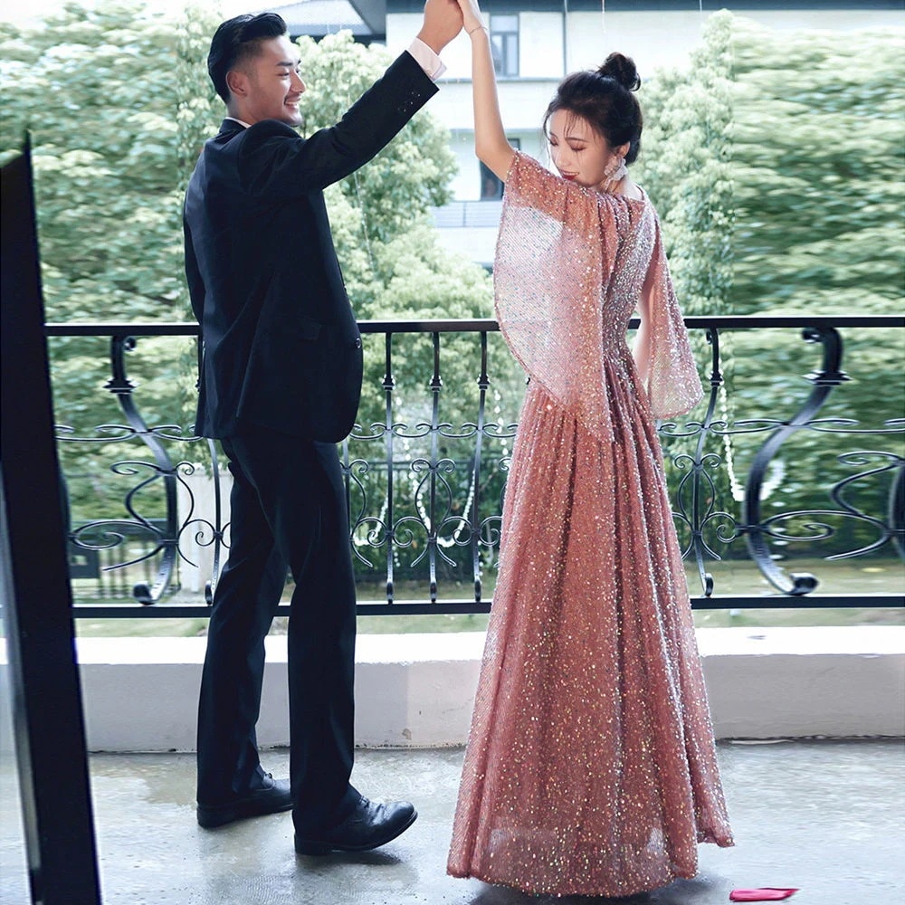 韓国 パーティードレス ホストイブニングドレス女二次会 演奏会 発表会 披露宴 結婚式 司会 ハイエンドエレガントバンケットスパンコールロングドレス