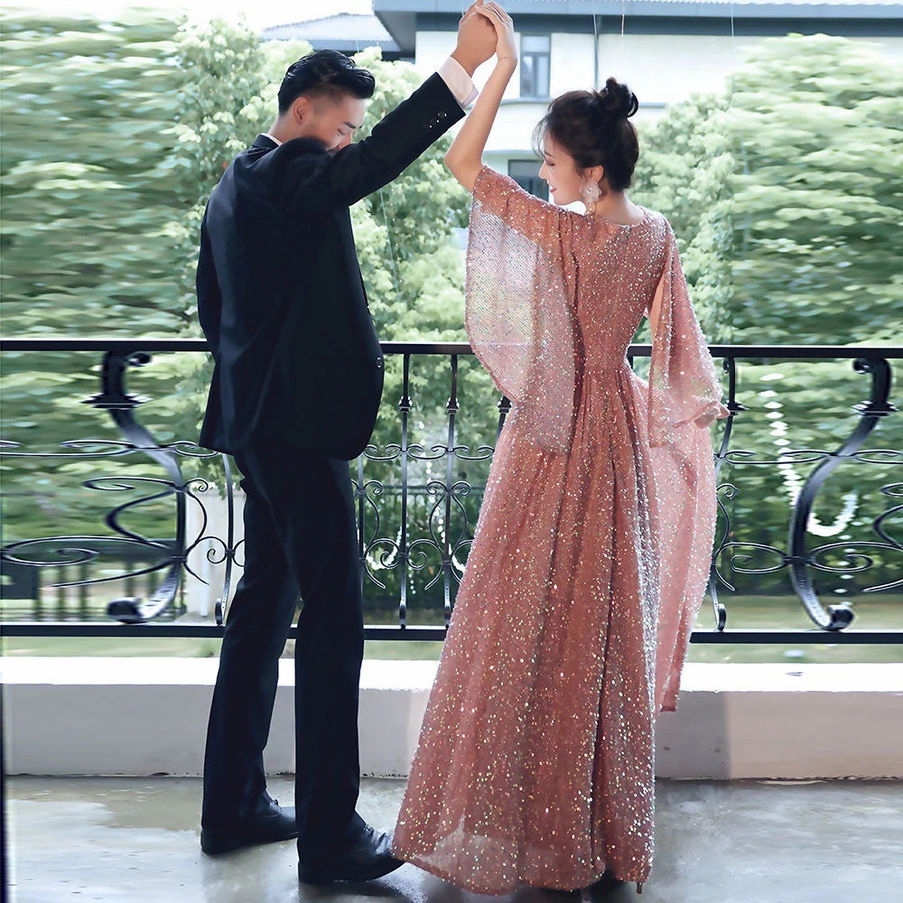 韓国 パーティードレス ホストイブニングドレス女二次会 演奏会 発表会 披露宴 結婚式 司会 ハイエンドエレガントバンケットスパンコールロングドレス