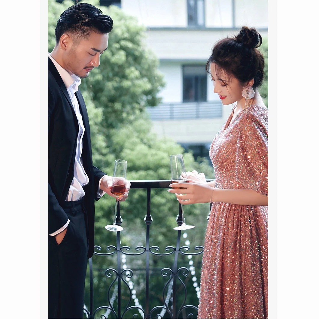 韓国 パーティードレス ホストイブニングドレス女二次会 演奏会 発表会 披露宴 結婚式 司会 ハイエンドエレガントバンケットスパンコールロングドレス