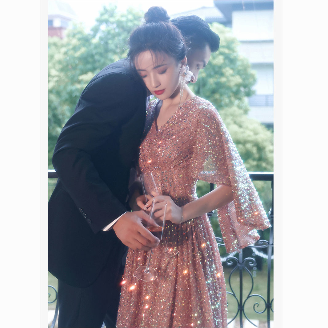 韓国 パーティードレス ホストイブニングドレス女二次会 演奏会 発表会 披露宴 結婚式 司会 ハイエンドエレガントバンケットスパンコールロングドレス