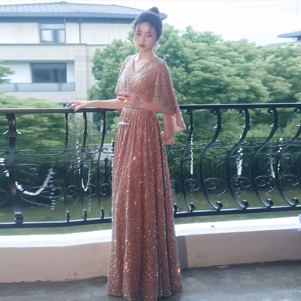 韓国 パーティードレス ホストイブニングドレス女二次会 演奏会 発表会 披露宴 結婚式 司会 ハイエンドエレガントバンケットスパンコールロングドレス