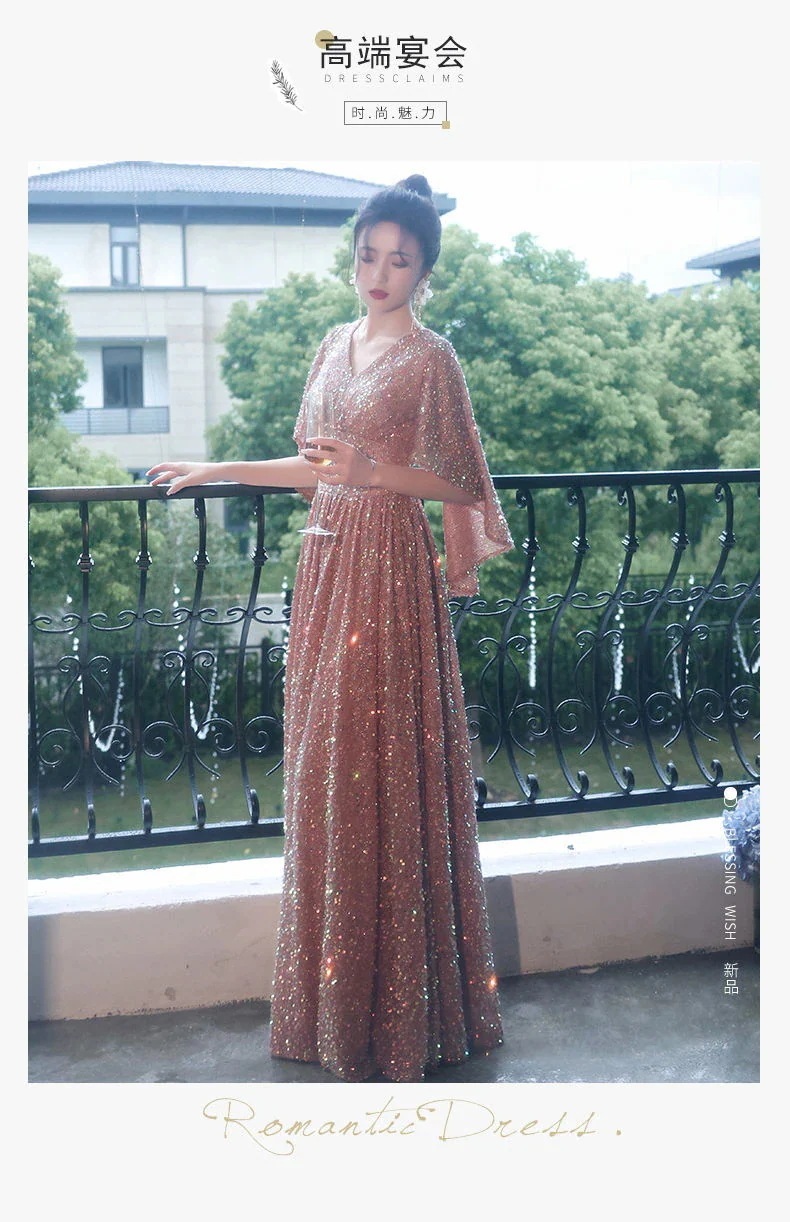 韓国 パーティードレス ホストイブニングドレス女二次会 演奏会 発表会 披露宴 結婚式 司会 ハイエンドエレガントバンケットスパンコールロングドレス
