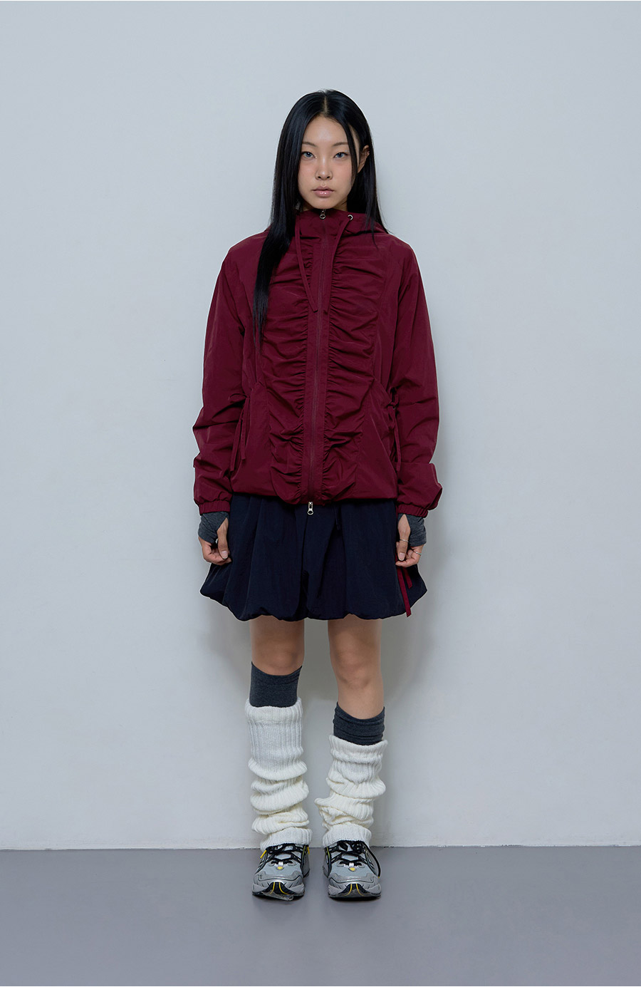 [RIBBON SHIRRING WINDBREAKER] リボンシャーリングウィンドブレーカー / BURGUNDY_CHARCOAL _IVORY