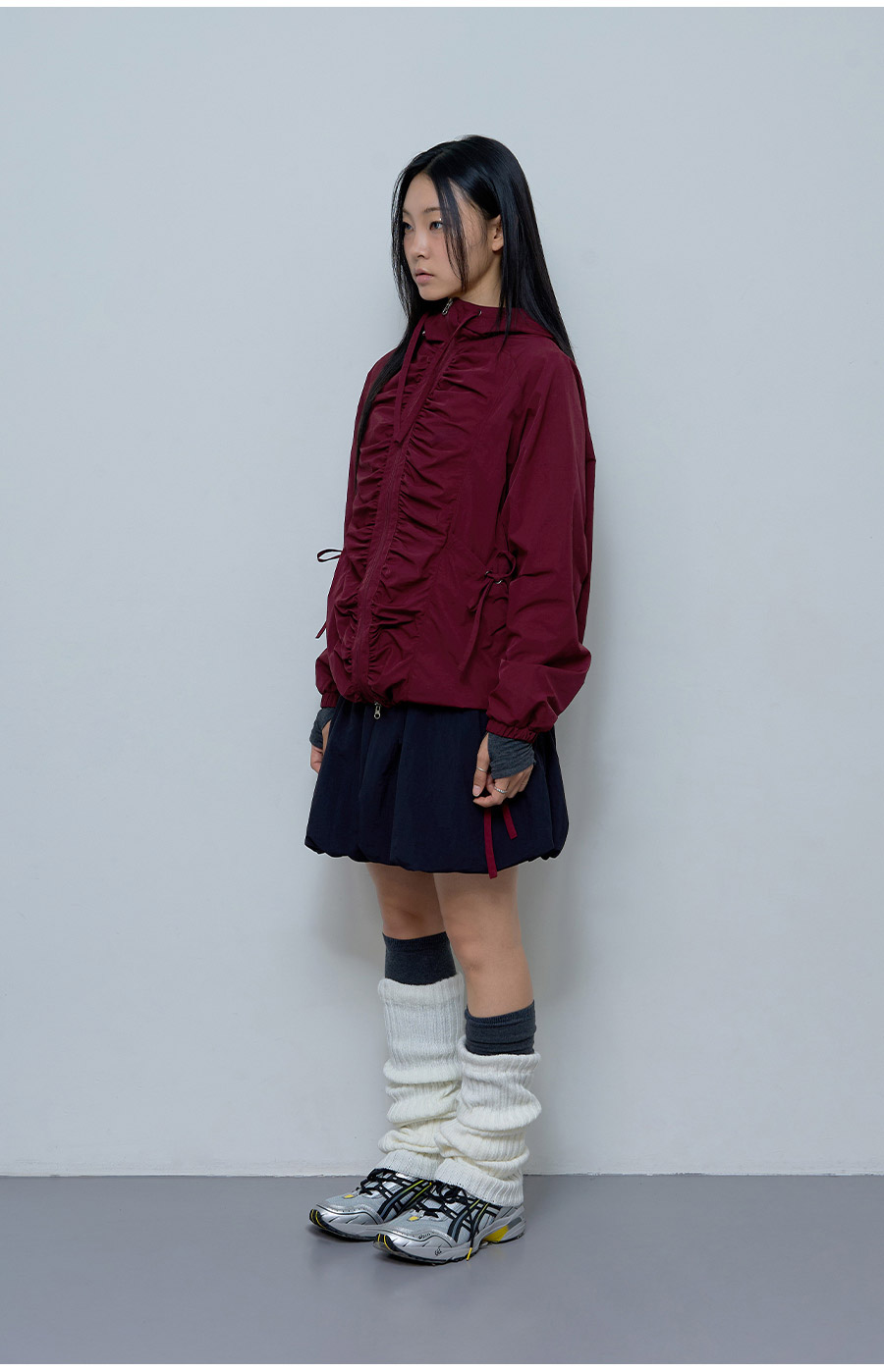 [RIBBON SHIRRING WINDBREAKER] リボンシャーリングウィンドブレーカー / BURGUNDY_CHARCOAL _IVORY