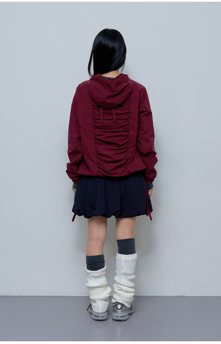 [RIBBON SHIRRING WINDBREAKER] リボンシャーリングウィンドブレーカー / BURGUNDY_CHARCOAL _IVORY