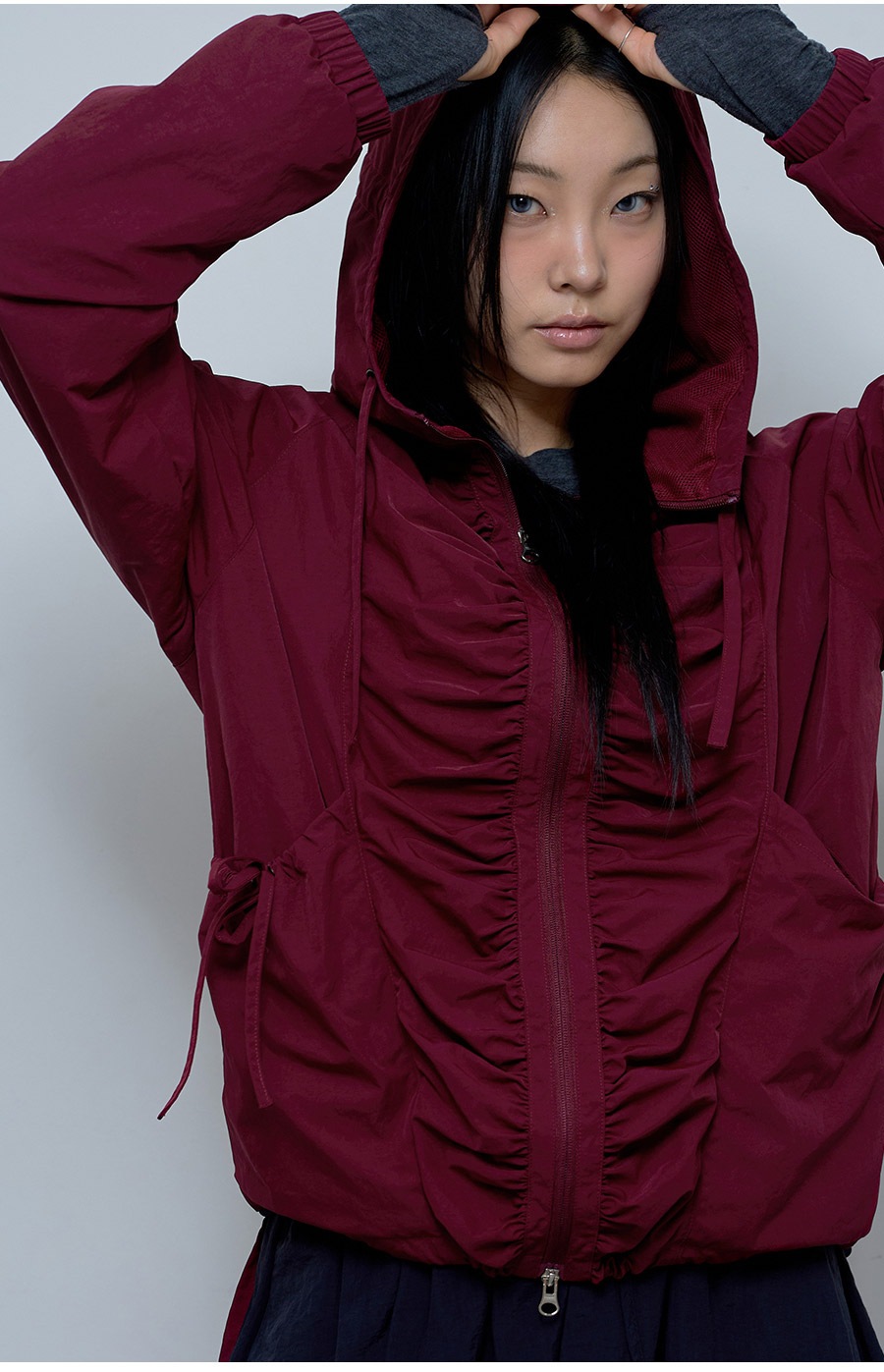 [RIBBON SHIRRING WINDBREAKER] リボンシャーリングウィンドブレーカー / BURGUNDY_CHARCOAL _IVORY