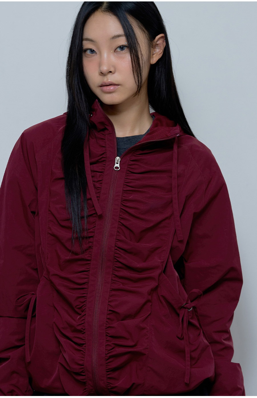 [RIBBON SHIRRING WINDBREAKER] リボンシャーリングウィンドブレーカー / BURGUNDY_CHARCOAL _IVORY