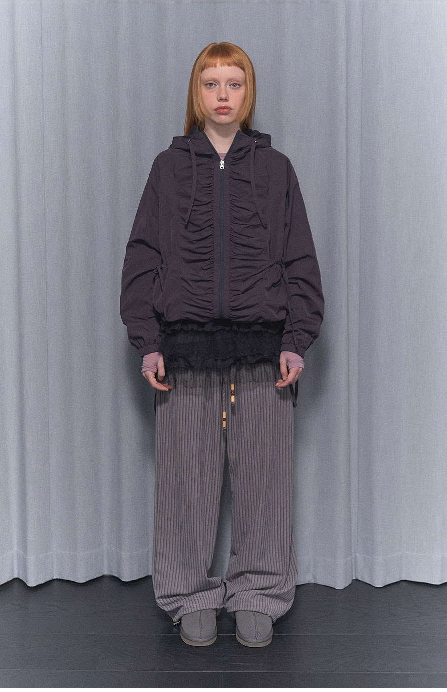 [RIBBON SHIRRING WINDBREAKER] リボンシャーリングウィンドブレーカー / BURGUNDY_CHARCOAL _IVORY