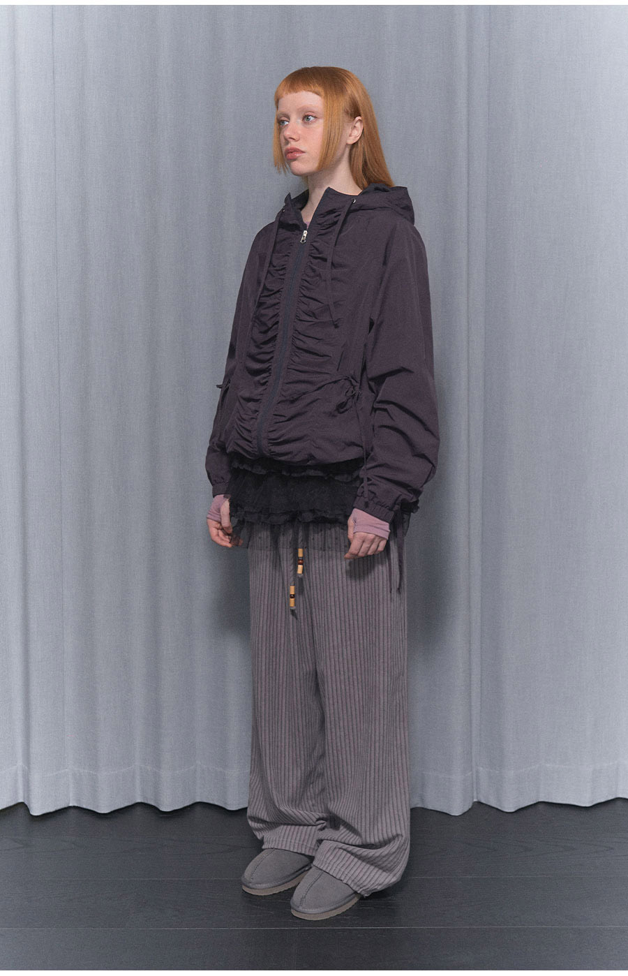[RIBBON SHIRRING WINDBREAKER] リボンシャーリングウィンドブレーカー / BURGUNDY_CHARCOAL _IVORY