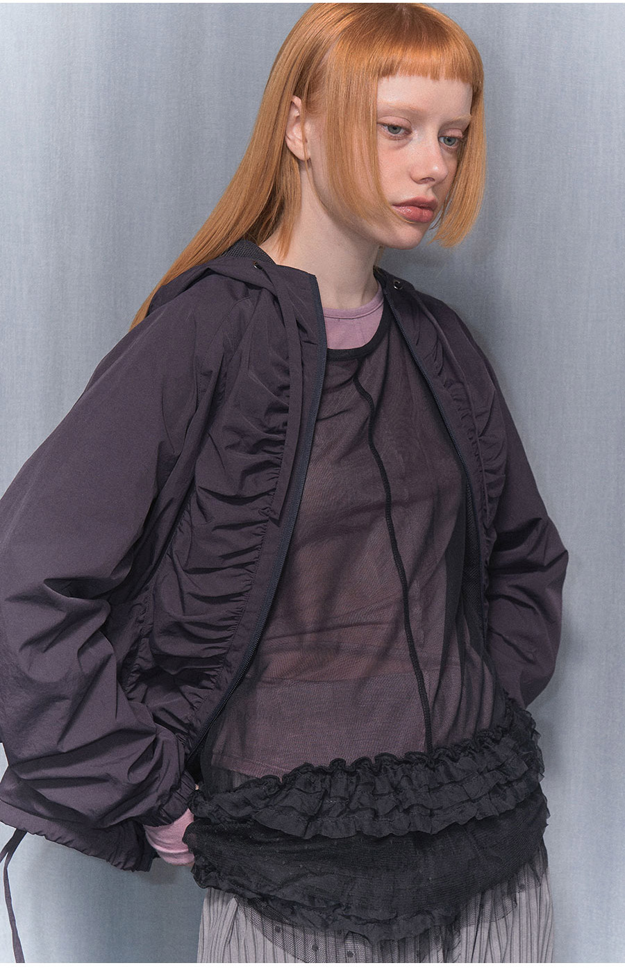 [RIBBON SHIRRING WINDBREAKER] リボンシャーリングウィンドブレーカー / BURGUNDY_CHARCOAL _IVORY