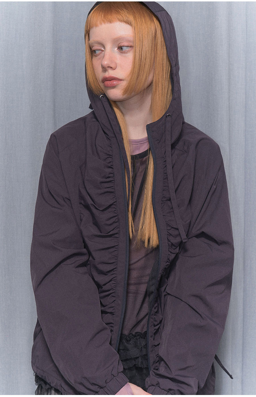 [RIBBON SHIRRING WINDBREAKER] リボンシャーリングウィンドブレーカー / BURGUNDY_CHARCOAL _IVORY