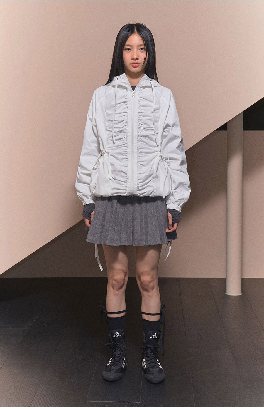 [RIBBON SHIRRING WINDBREAKER] リボンシャーリングウィンドブレーカー / BURGUNDY_CHARCOAL _IVORY