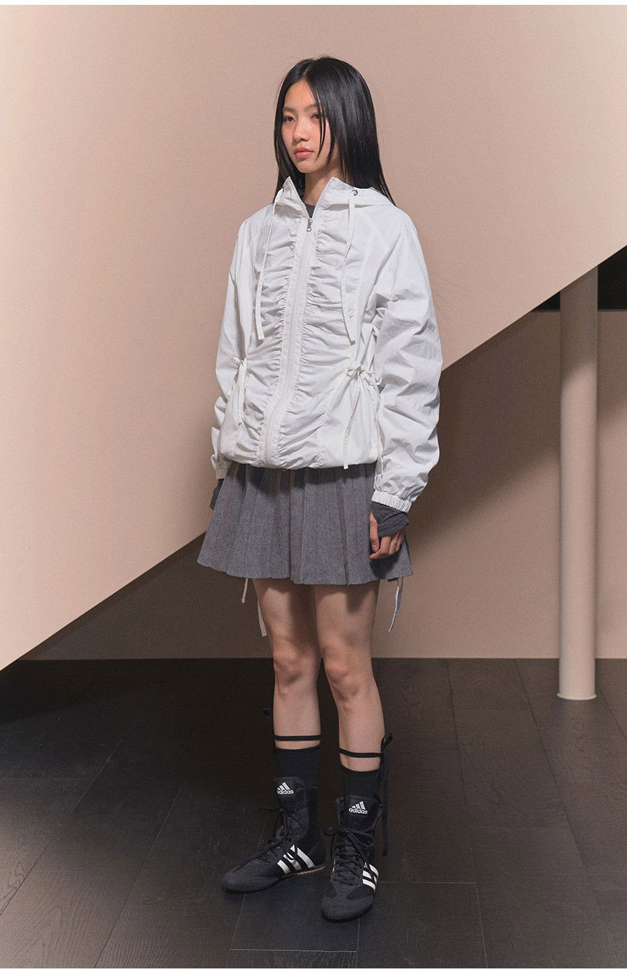 [RIBBON SHIRRING WINDBREAKER] リボンシャーリングウィンドブレーカー / BURGUNDY_CHARCOAL _IVORY