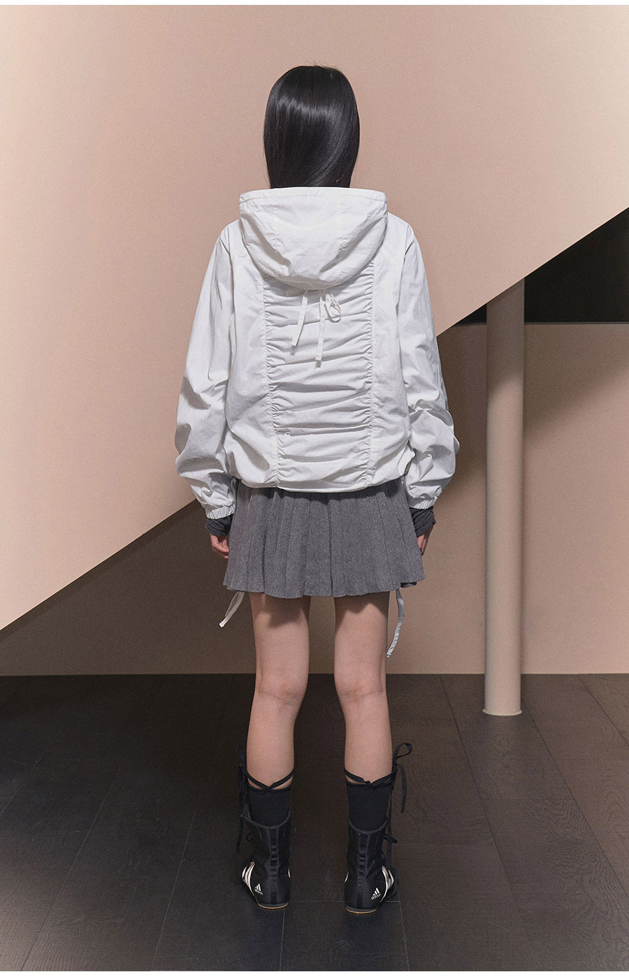 [RIBBON SHIRRING WINDBREAKER] リボンシャーリングウィンドブレーカー / BURGUNDY_CHARCOAL _IVORY